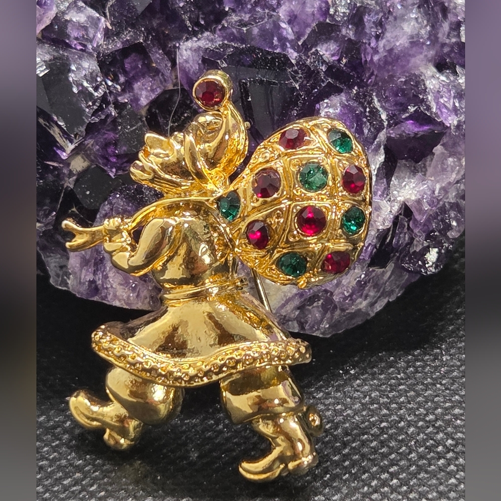 Santa with Jeweled Sack Gold Brooch